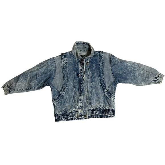 Vintage 80's Acid Wash Denim Bomber Jacket With Ribbed Hem Unisex 18W Distressed - Picture 1 of 11
